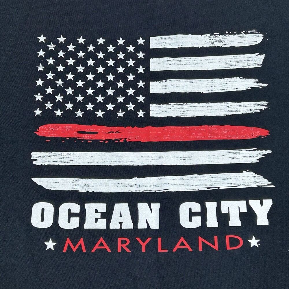Ocean City Maryland Patriotic Flag T-Shirt Men's 2XL Beach Black Firefighters